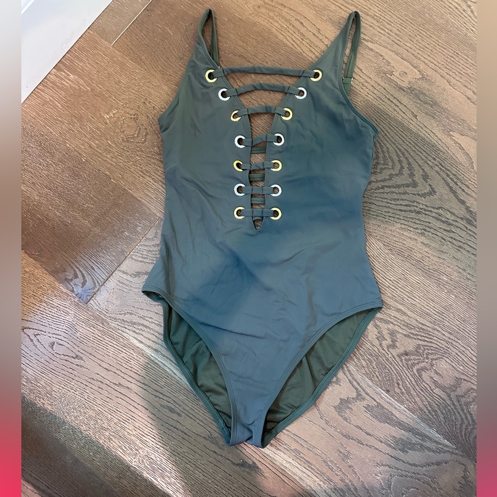 Bleu Rod Beattie Green One Piece Swimsuit with Lace-Up Detail